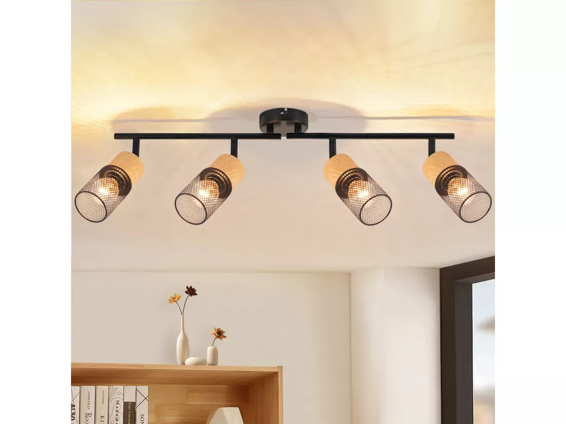 NETTLIFE Plafonnier bois E14 Lampe de plafond 350° orientable Applique murale vintage Lampe de cuisine Orientable sans ampoule