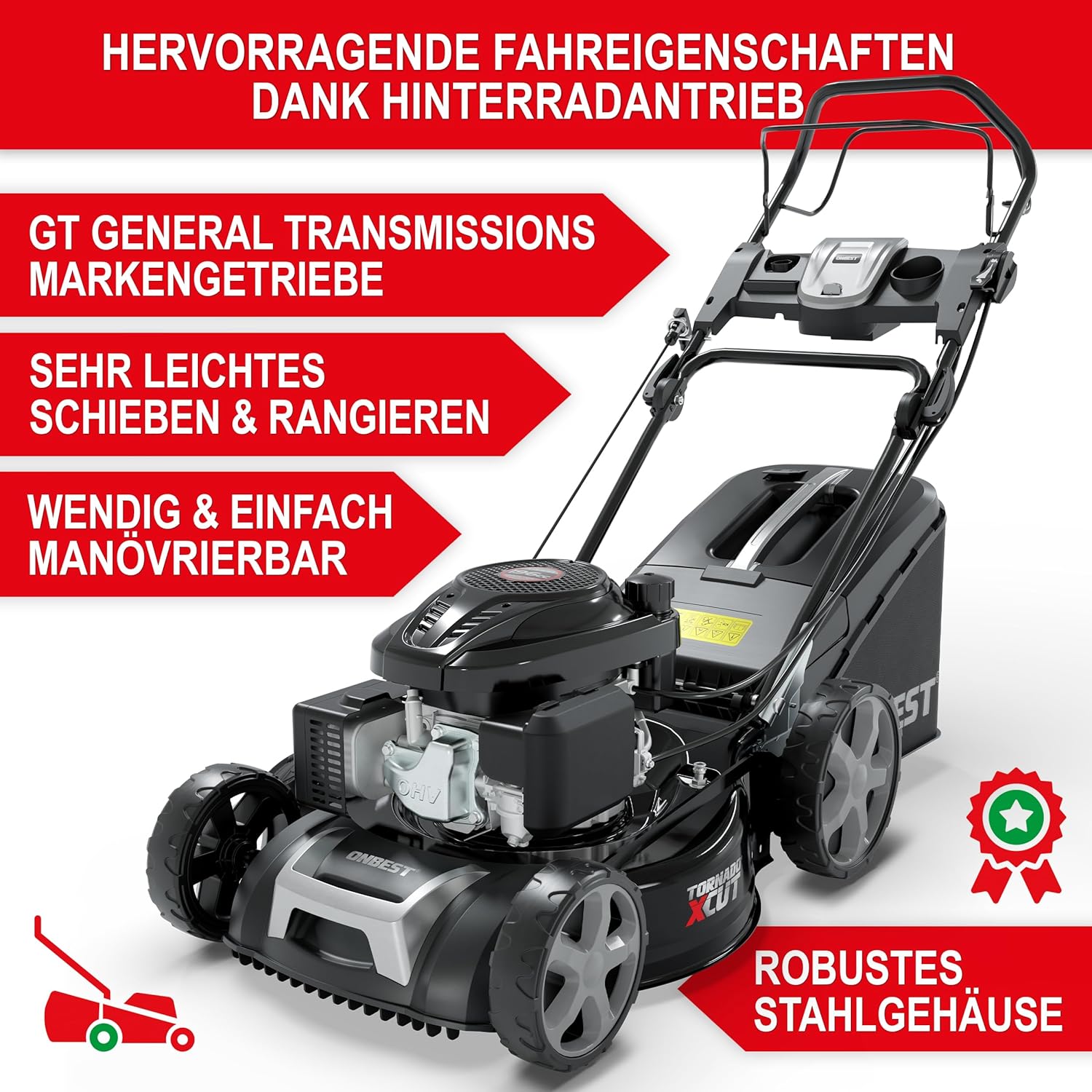 5IN1 Rasenmäher Benzin - 6,5 PS - mit 4 Klingenschneidsystem & Sograd – 4 Takt Motor – 196 cm³ Hubraum – 51 cm Schnittbreite – 60L Fangkorb – Radantrieb – Benzin Rasenmäher mit Seitenauswurf