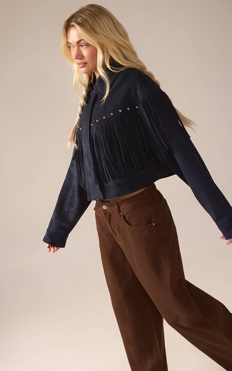 Bleu Marine Veste À Franges Ornée De Clous En Synthétique Douce