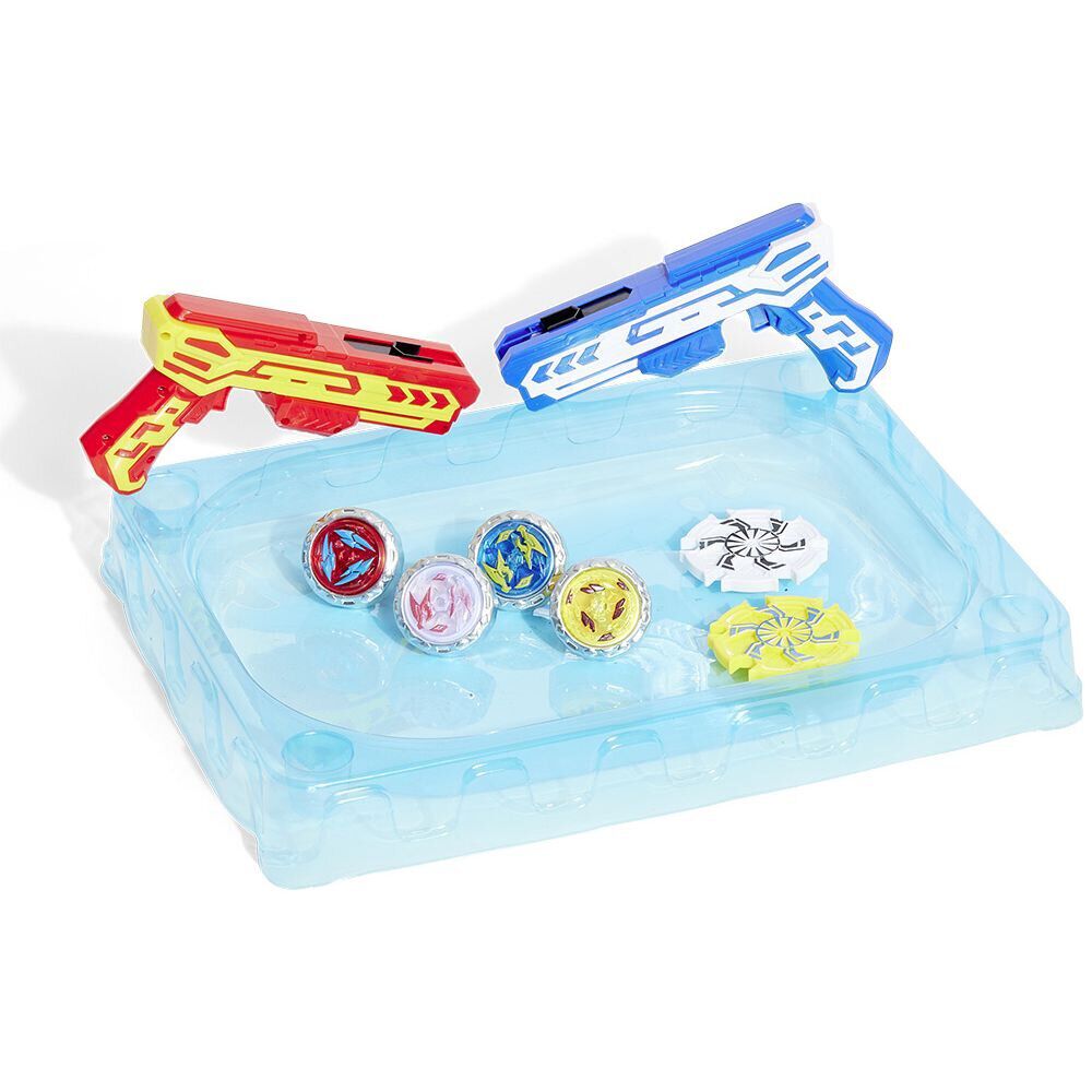 Set de 2 pistolets et 4 toupies avec arène