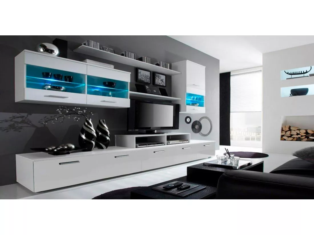 Ensemble de meubles de salon,TV, ilumin.LED, Blanc Mate/Blanc Laque,250x194x42cm