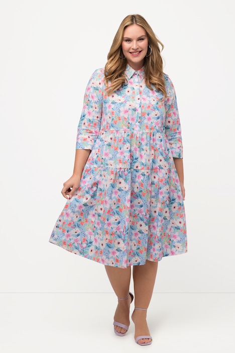 Hemdblusenkleid, Blüten, A-Linie, Hemdkragen, 3/4-Arm