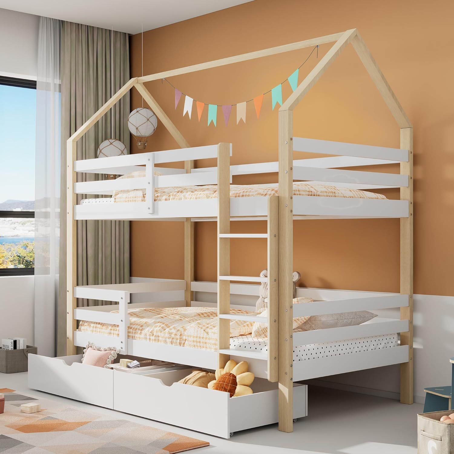 Merax Hochbett 90x200cm, Etagenbett mit Leiter & große Schubladen Stockbett für 2 Kinder mit Rausfallschutz und 2 Lattenrost, Kiefernholz Kinderbett Jugendbett, Doppelbett Hausbett, Holzfarbe & Weiß