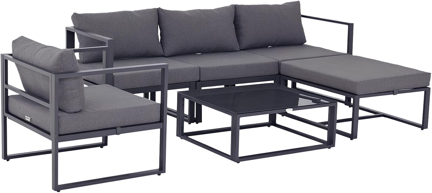 Outsunny 6-TLG. Gartenset Gartengarnitur Gartensofaset Sitzgruppe Gartenmöbel Aluminium + Polyester + Hartglas Grau mit Kissen für 4–5 Personen