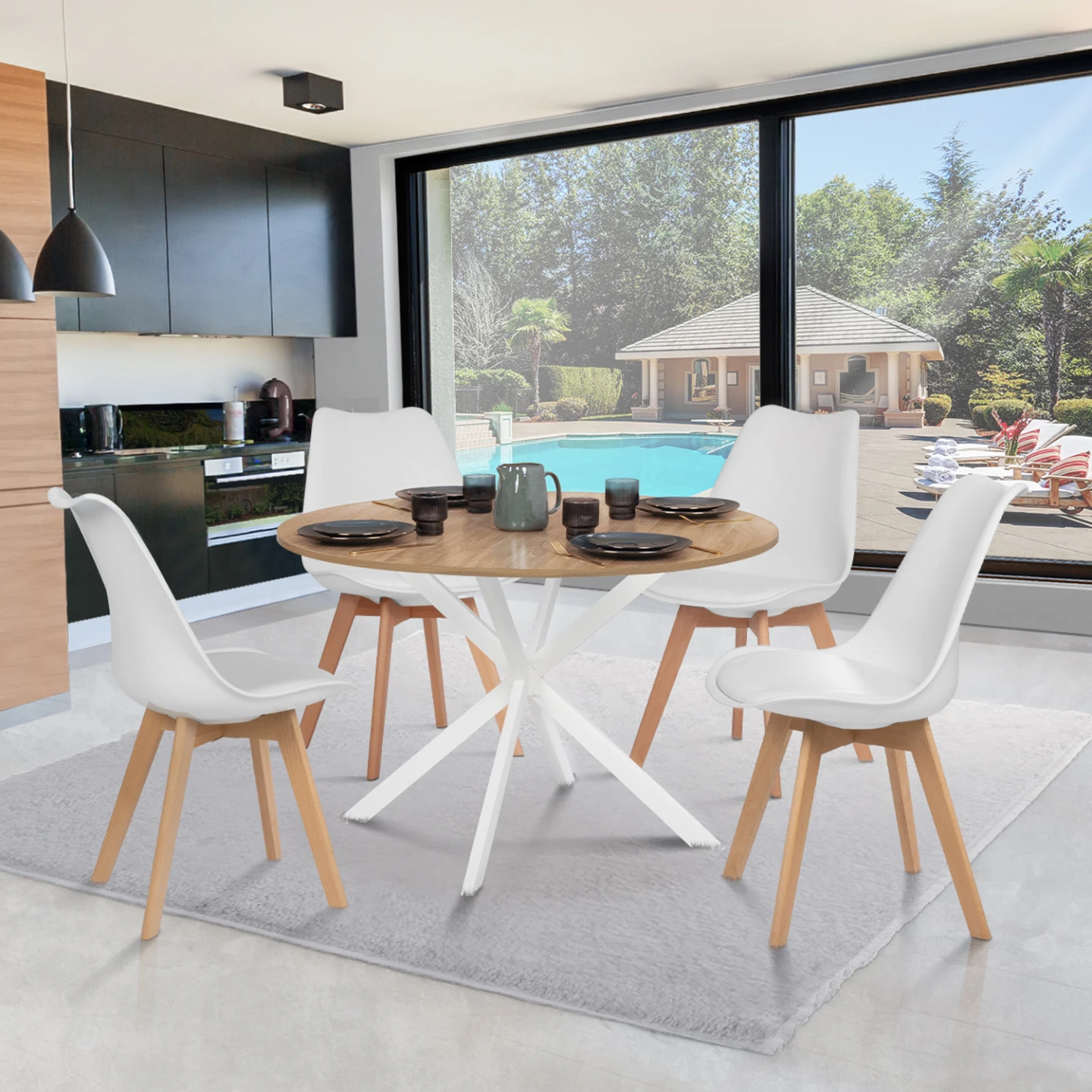 Table à manger ronde ALIX 6 personnes pied araignée bois et blanc 110 cm