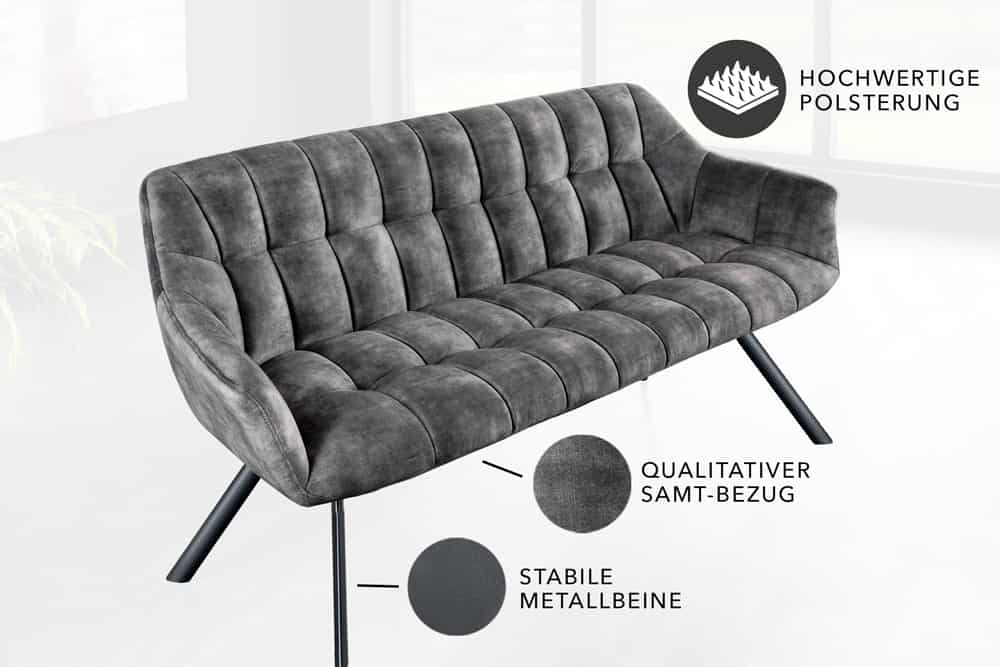 Esszimmer Sitzbank PAPILLON 165cm grau Samt mit Rückenlehne schwarzes Metallgestell