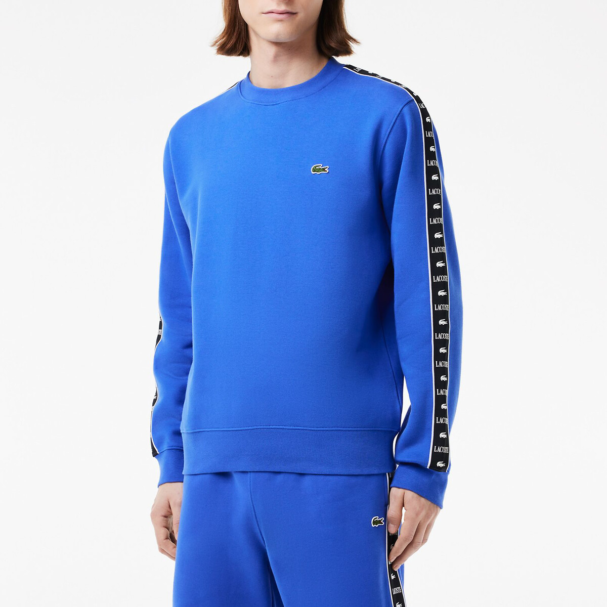 LACOSTE<br>Suéter de gola redonda com listras e logo