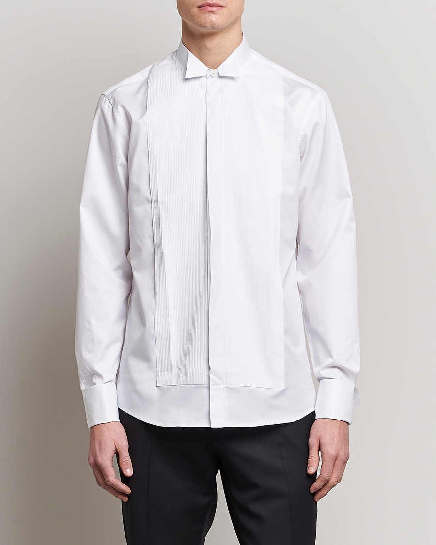 Stenströms Fitted Body Stand Up Collar Plissè Shirt White