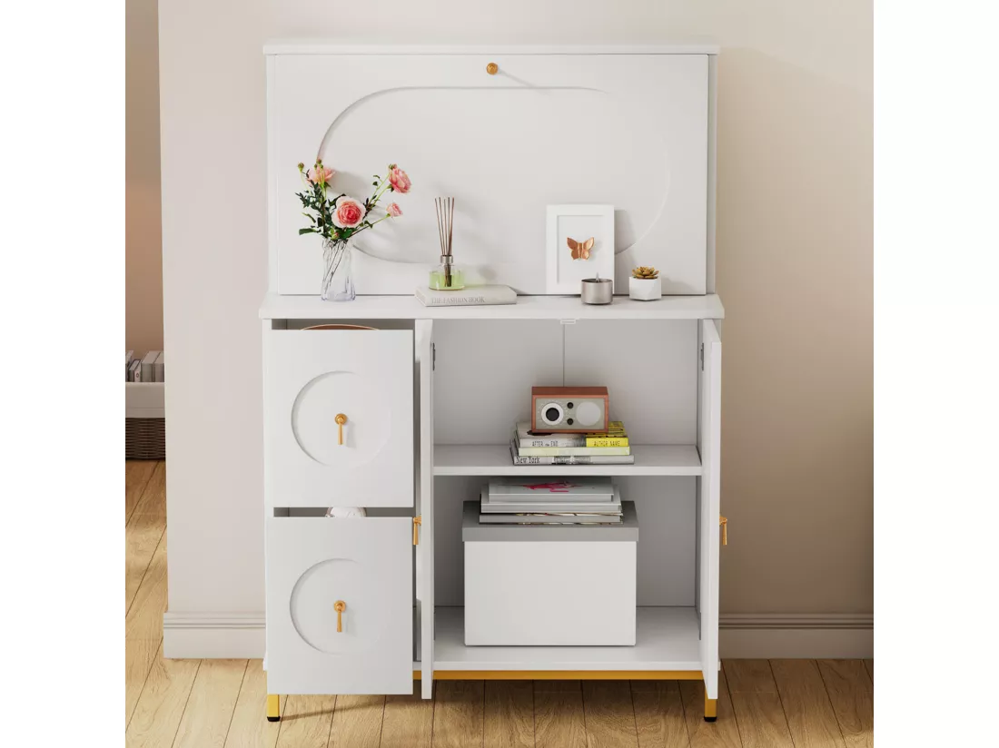 Buffet avec 3 portes et 2 tiroirs, Bureau - 100 x 51 x 150 cm - Bois MDF - Blanc