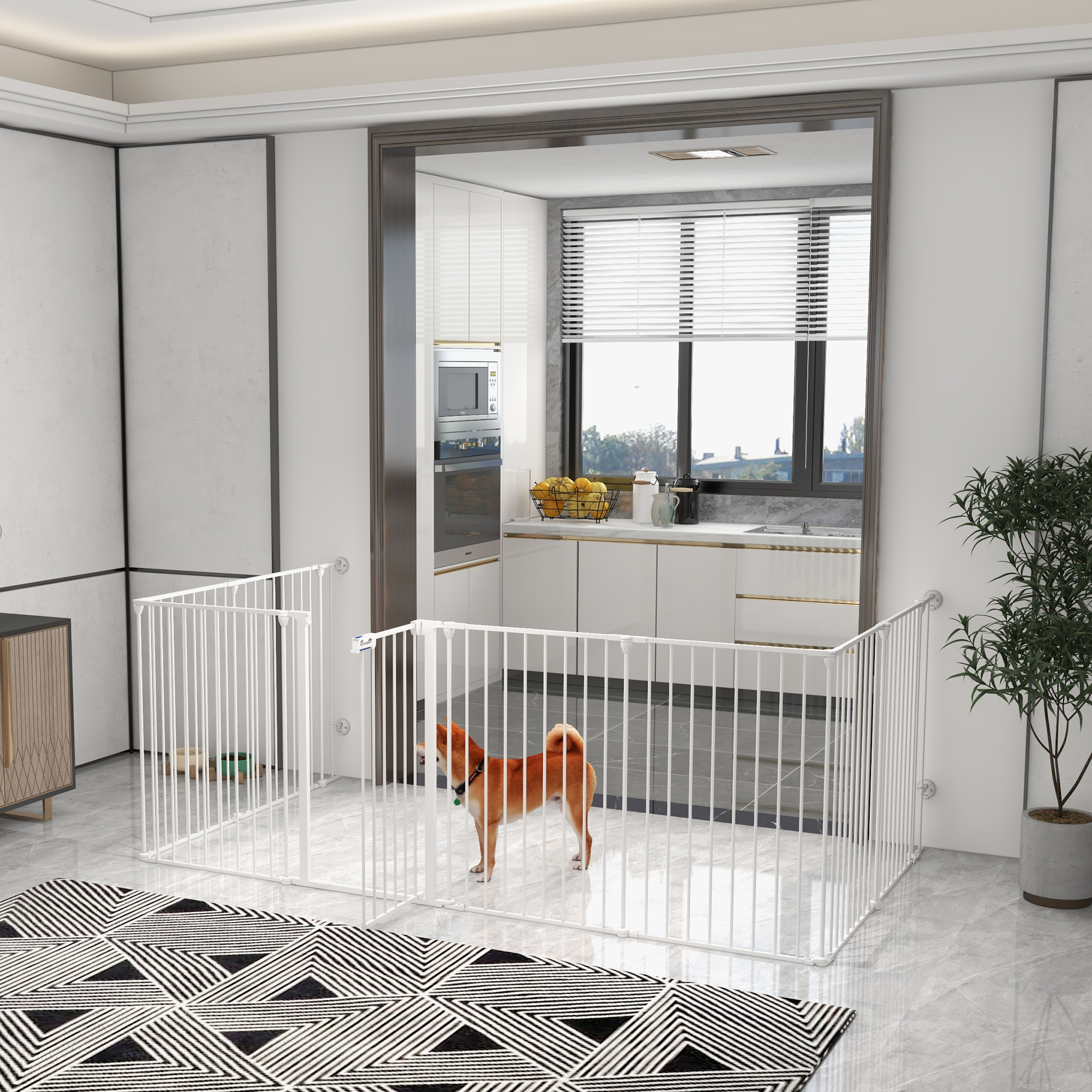 Parque para cães PawHut com 8 painéis, 64x90 cm, dobrável, em aço, com trava dupla, função de travamento auxiliar e design personalizável para corredores e escadas, branco.