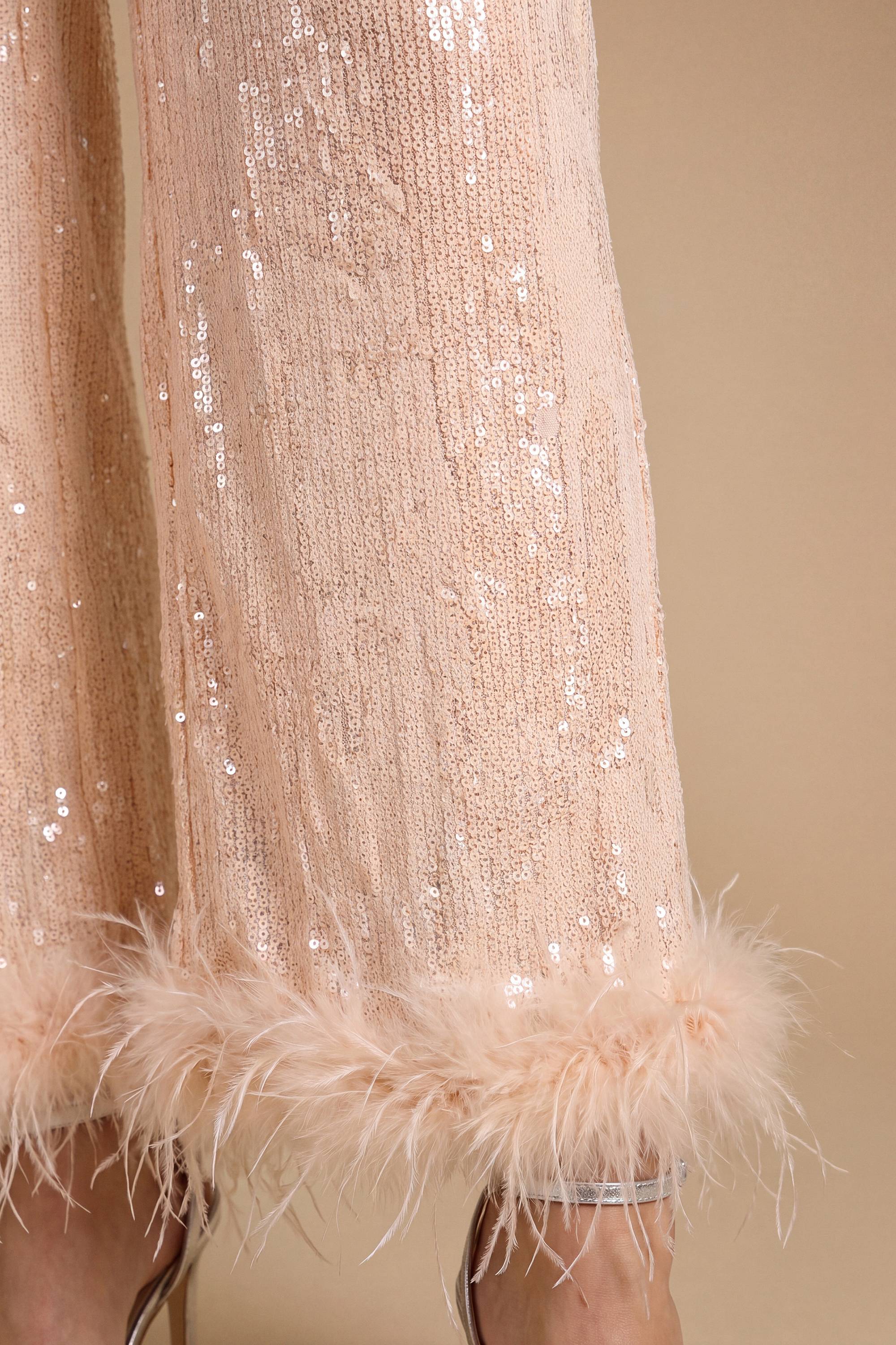 Oasis Pantalon Taille Haute À Sequins Et Bordure De Plumes Hen