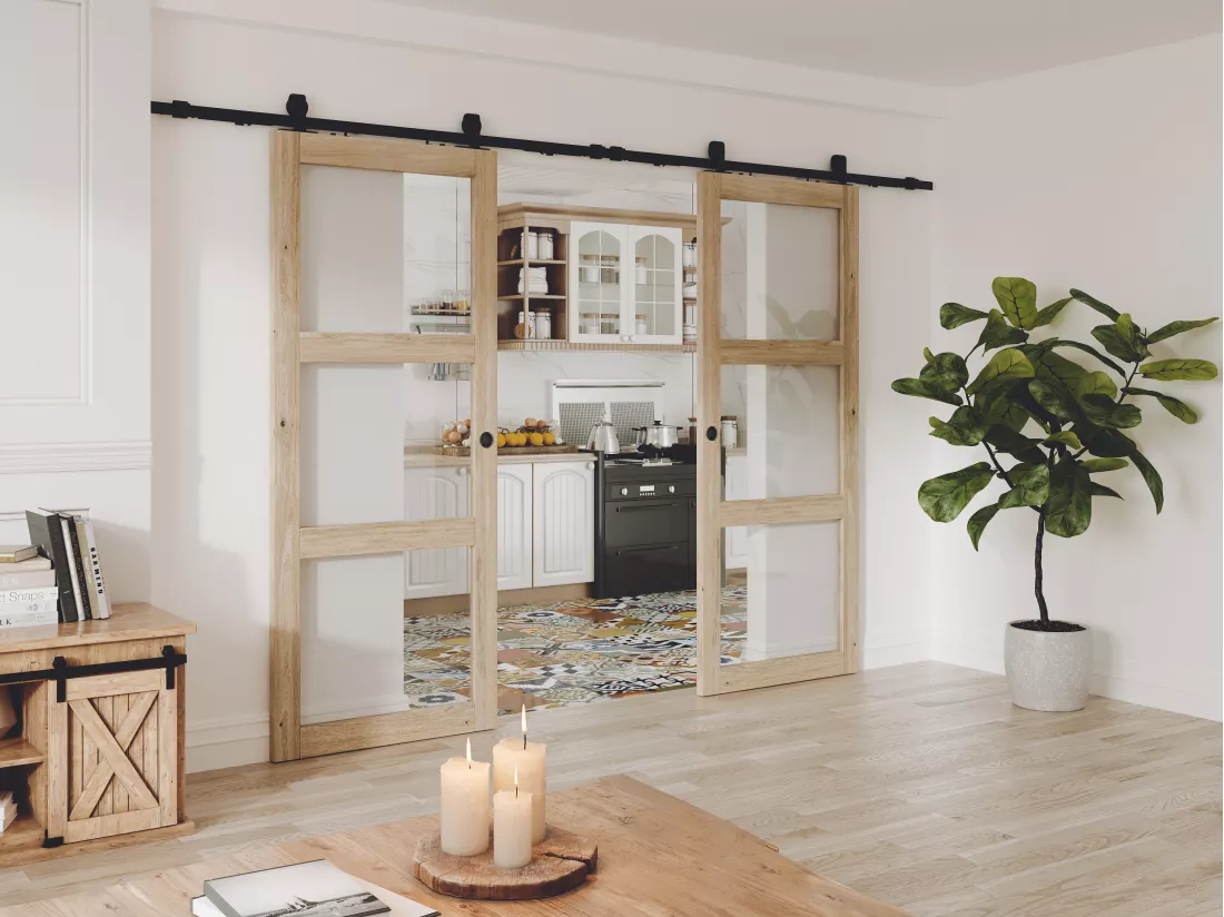 Porte coulissante double avec système en applique en bois et verre trempé - 3 fenêtres - 2 x H205 x L83 cm - ACOSTA II