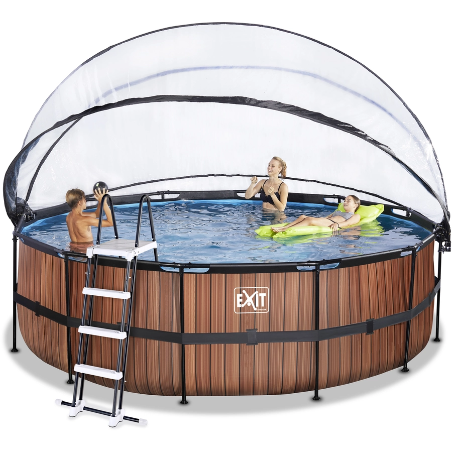 EXIT Wood Pool ø450x122cm mit Abdeckung und Sandfilterpumpe, braun