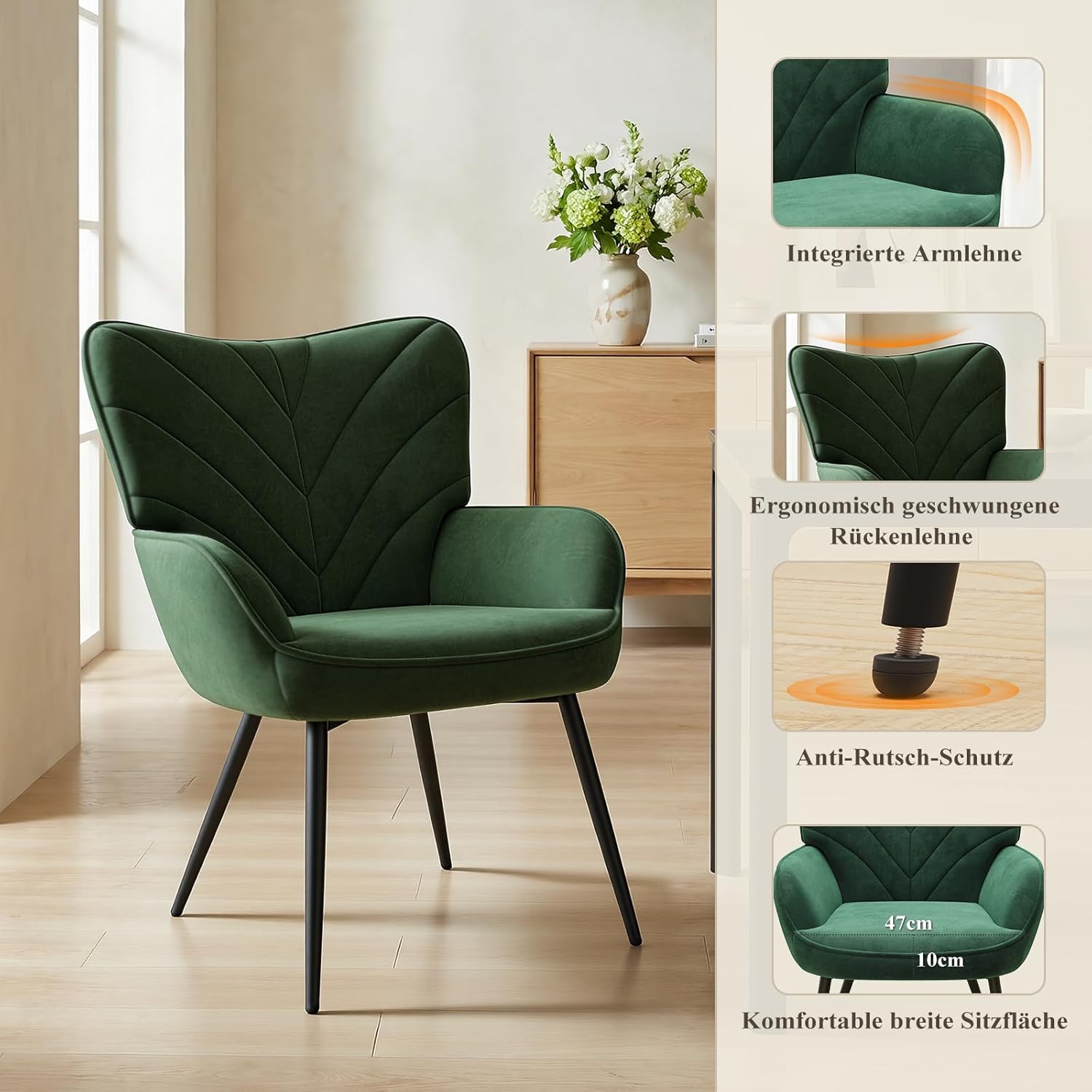 COLAMY Wohnzimmer Sessel 2er Set, Samtbezogener Relaxsessel mit hoher Rückenlehne, Gepolsterter Komfortsessel mit Wingback-Design, Lounge Chair mit Holzbeinen für Wohnzimmer, Leseecke, Grün