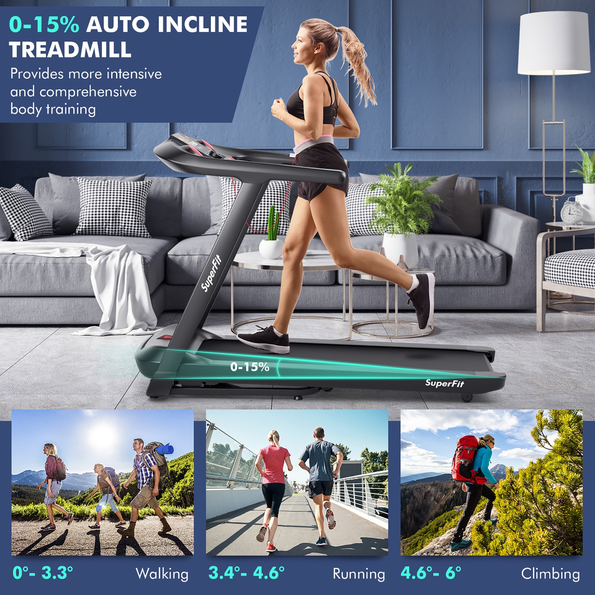 Esteira dobrável SuperFit 4.75HP com programas predefinidos e tela sensível ao toque - 64'' x 30'' x 45''