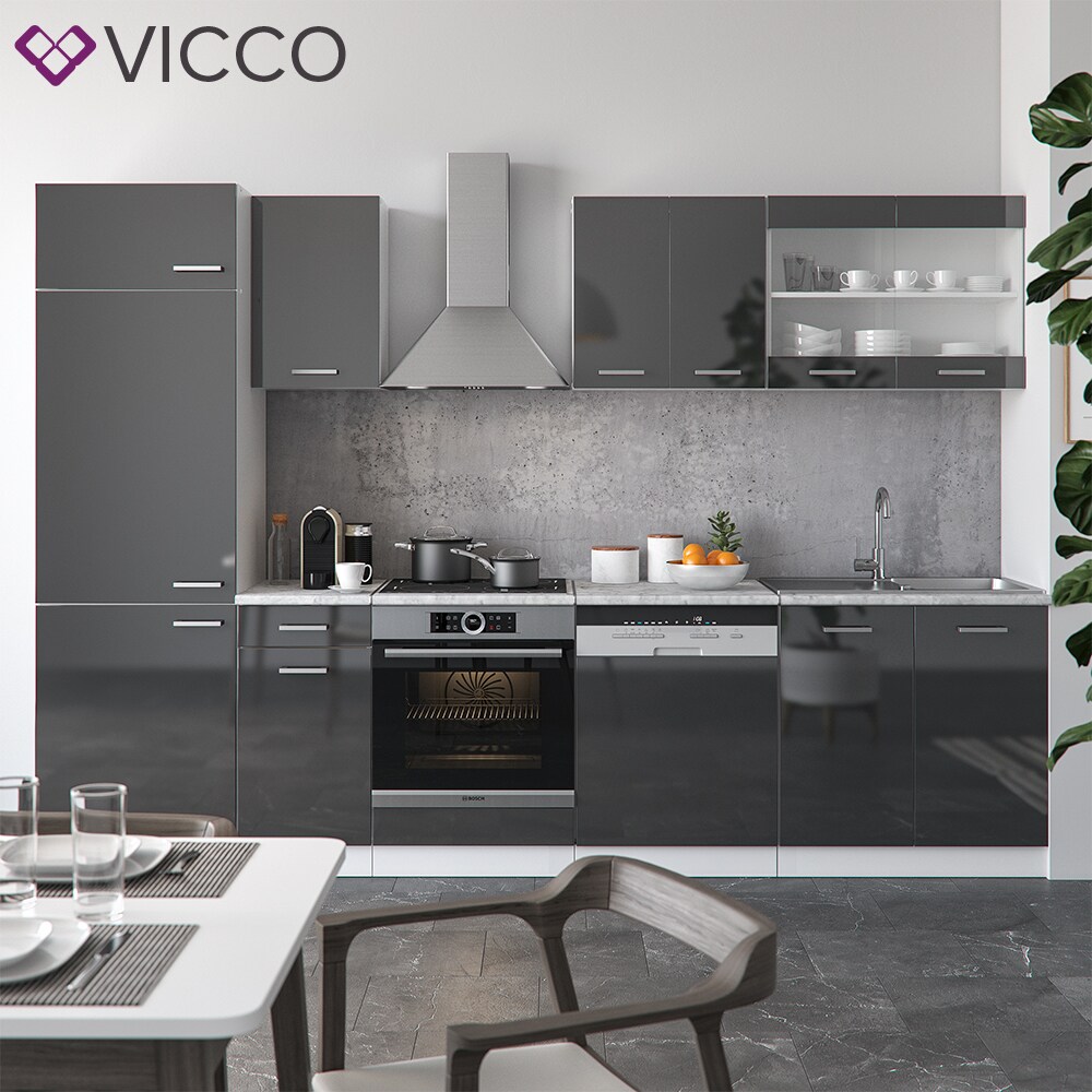 VICCO KÜCHE R-LINE 300CM KÜCHENZEILE KÜCHENBLOCK EINBAUKÜCHE ANTHRAZIT HOCHGLANZ