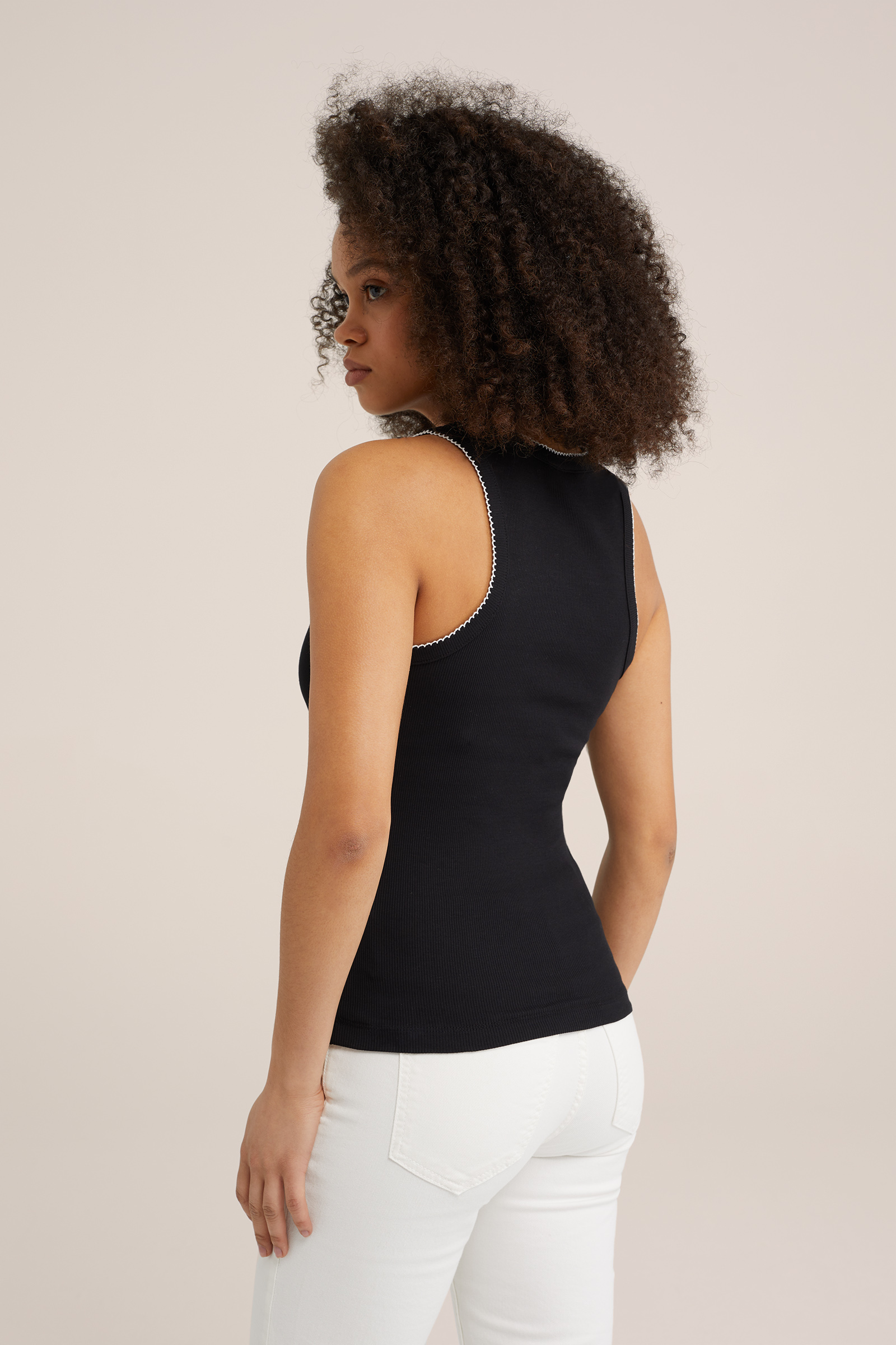 geribd singlet met contrast WE Fashion Zwart