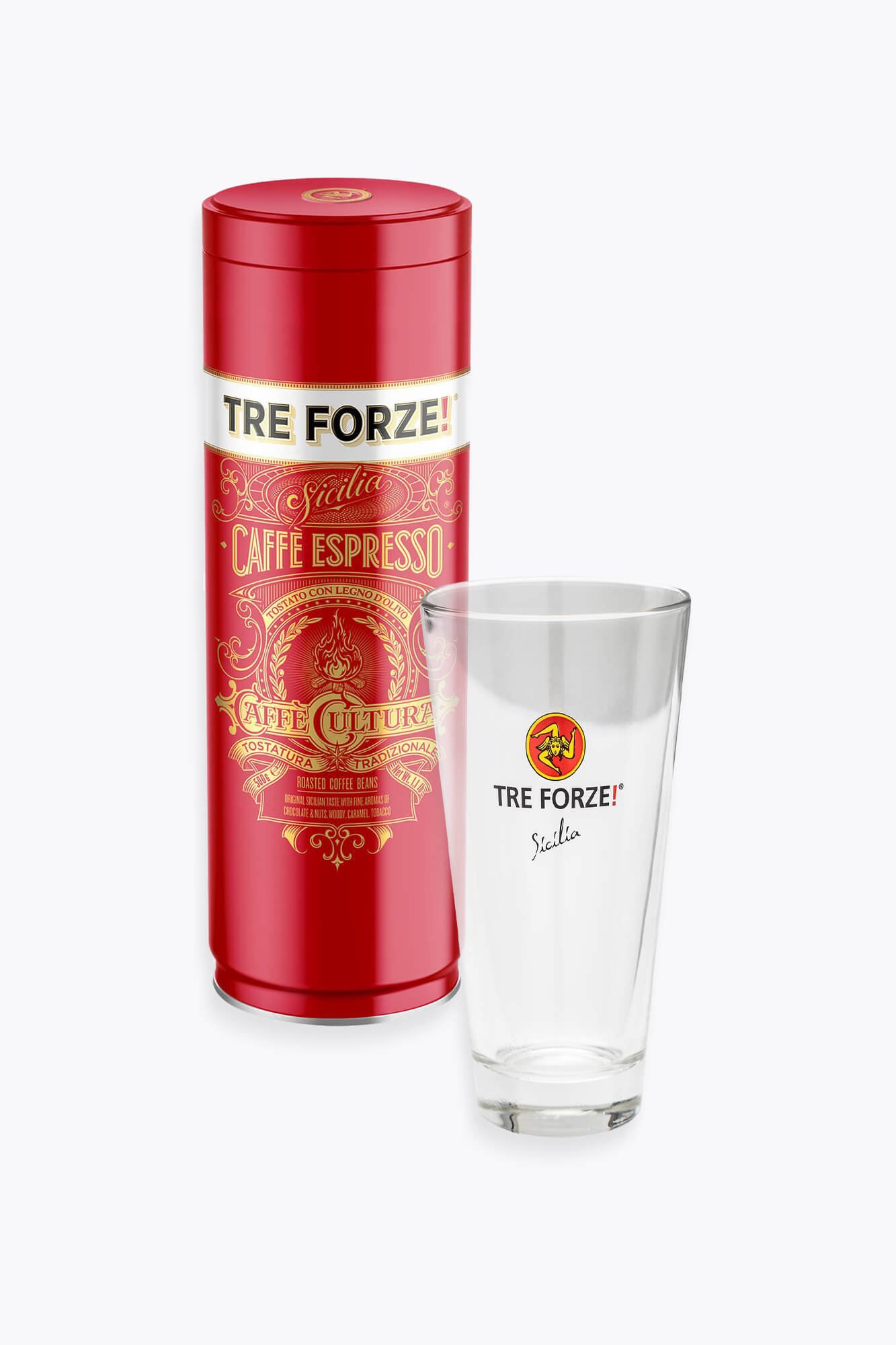 TRE FORZE! Caffe Espresso 500g Dose & Latte Macchiato Glas zum Aktionspreis