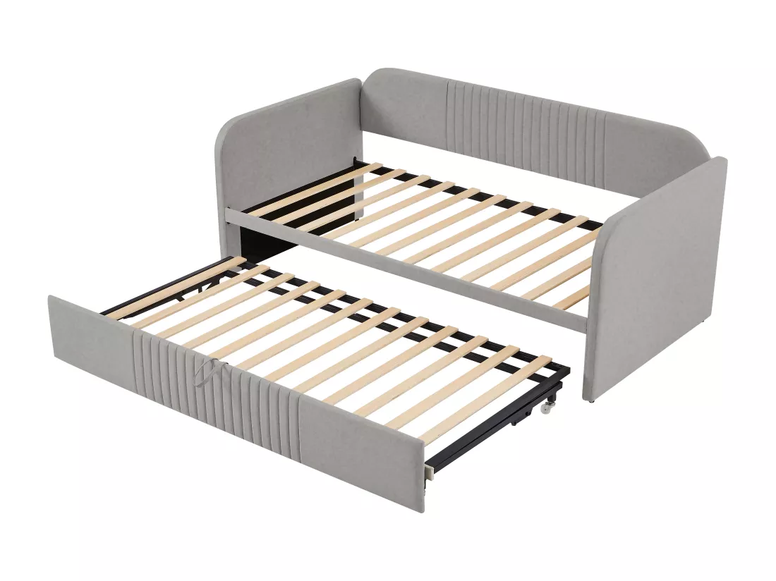 Lit gigogne 90/180x190 cm - lit canapé en tissu lin - avec sommier à lattes - Gris clair