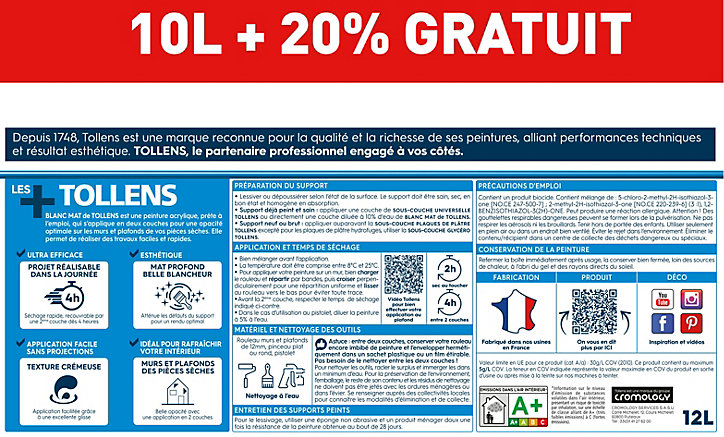 Peinture Tollens murs et plafonds mat blanc 10L+20% gratuit