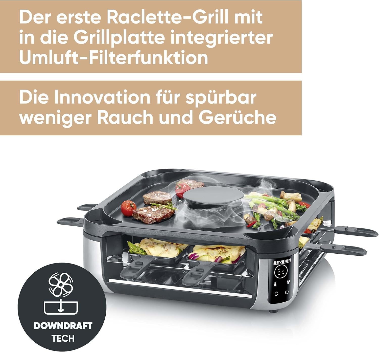 Severin S-Joy Sevento Raclette-Grill mit integriertem Umluft-Filter: weniger Rauch & Gerüche, Digital-Display, 8 Pfännchen & 8 Spatel, kratzfeste ILAG-Beschichtung, bis 230°C, 1900W, schwarz, RG 2350
