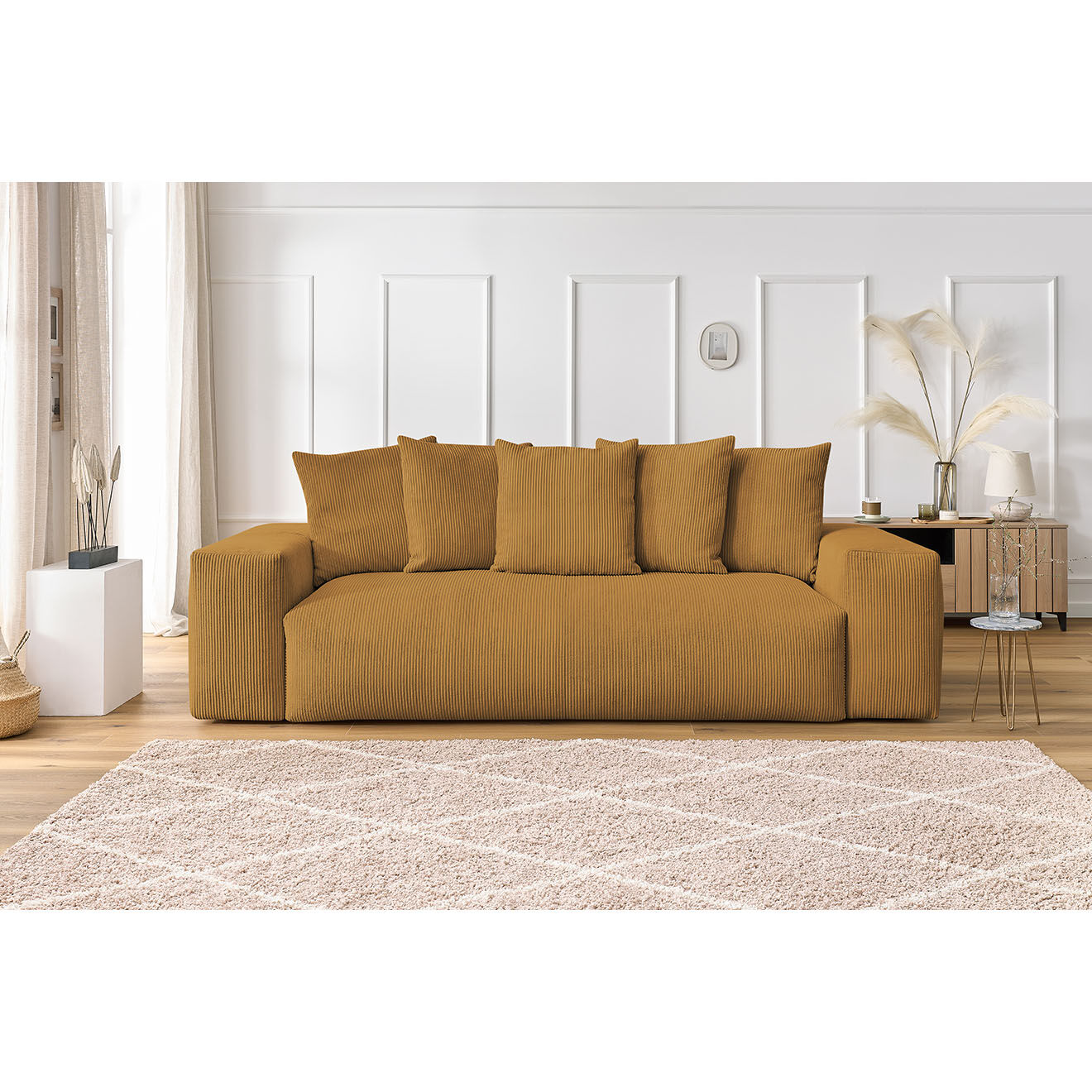 Bobochic Canapé droit fixe 3 places ultra moelleux voltaire velours côtelé jaune - 280x124x75 cm