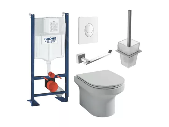 Pack WC suspendu sans bride JACOB DELAFON Elite + Bâti support GROHE Rapid SL + plaque Quickfix + Porte-balai + Porte-rouleau