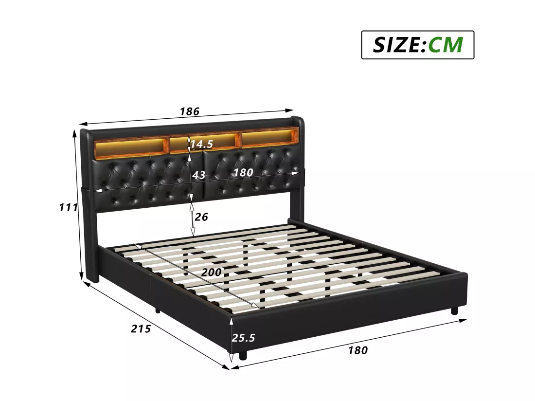 Lit coffre 180x200cm - lit double avec sommier à lattes et tête de lit LED avec étagères et port charge - cuir noir