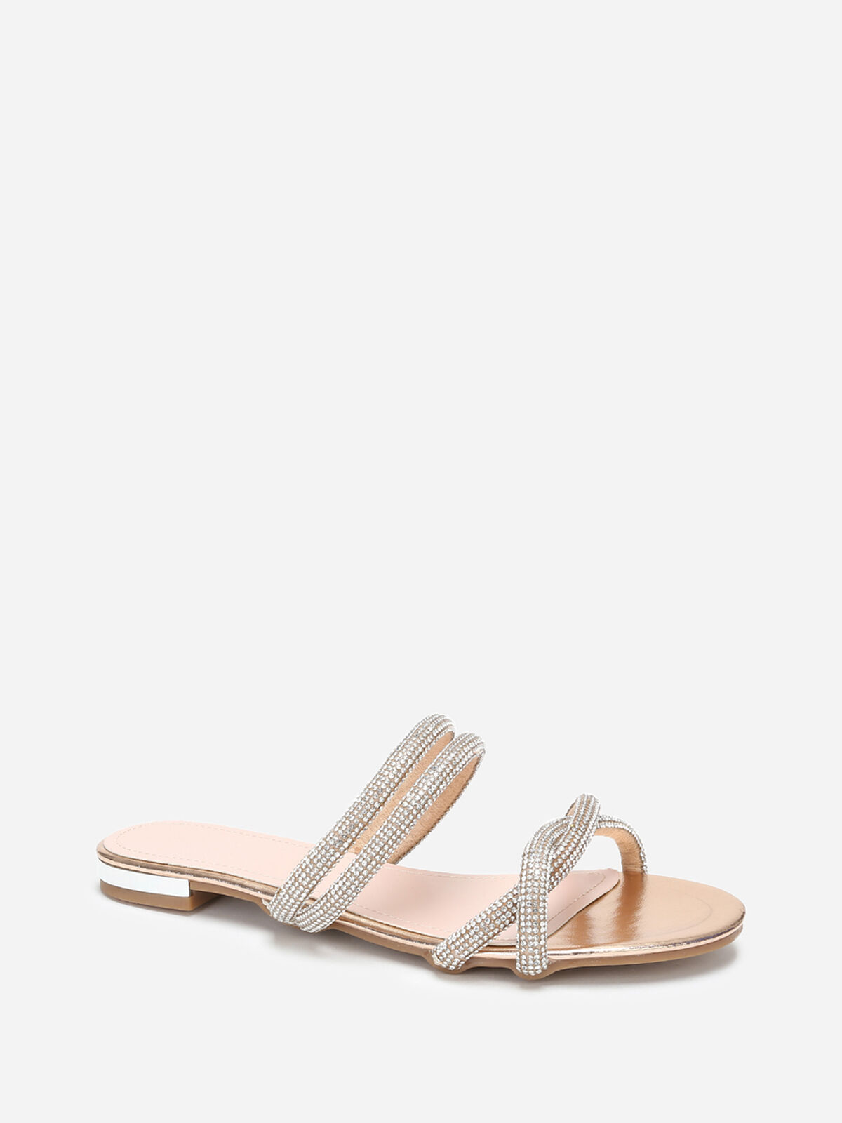 Mules plates à multi-brides en strass- Doré rose