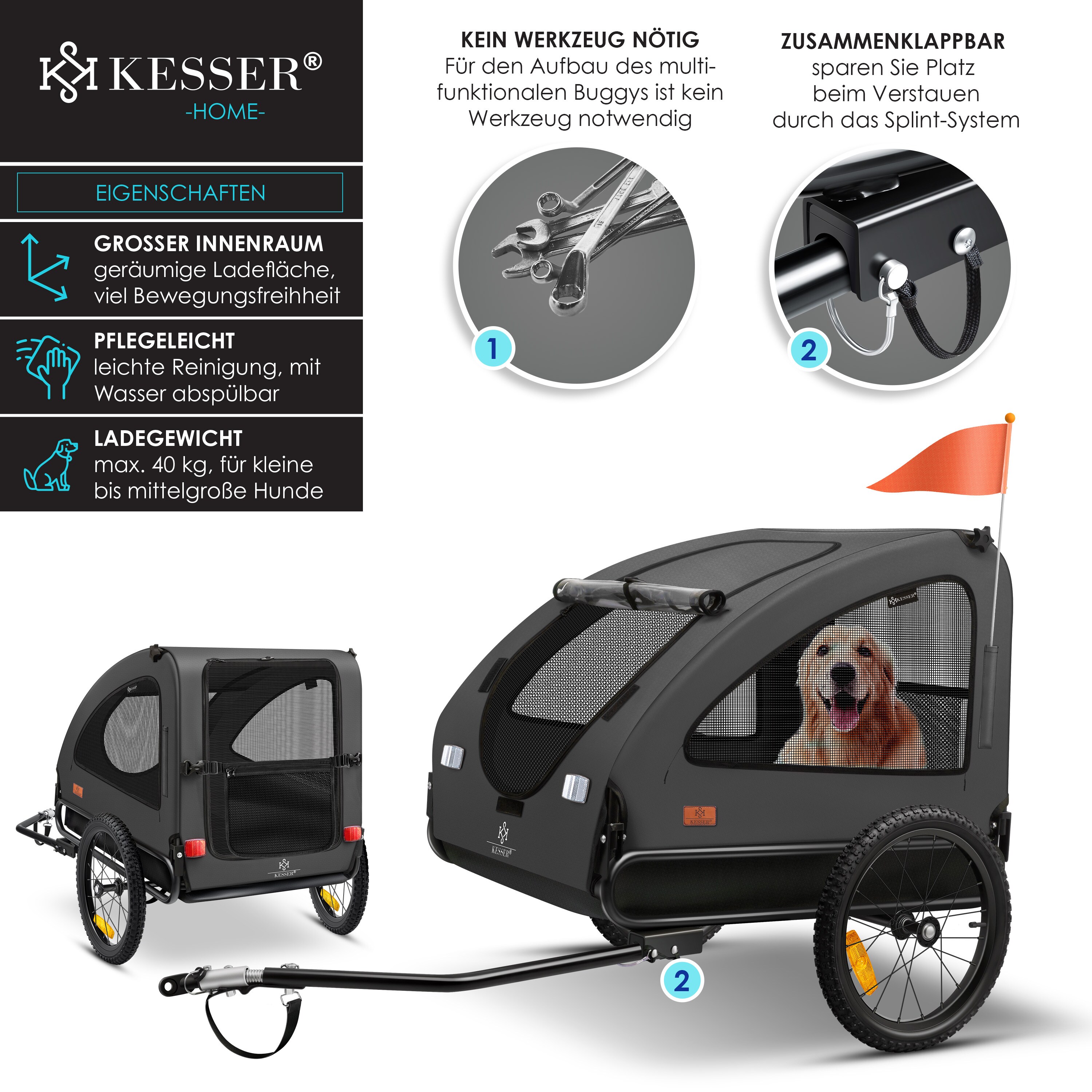 KESSER® Hundeanhänger Boxer 2-in-1 Hundebuggy Fahrradanhänger groß ca. 250L Volumen - Inkl. Fahne und Tasche - 600D Oxford Canvas, Klappbar SmartSpace Concept, maximale Belastbarkeit: 45kg