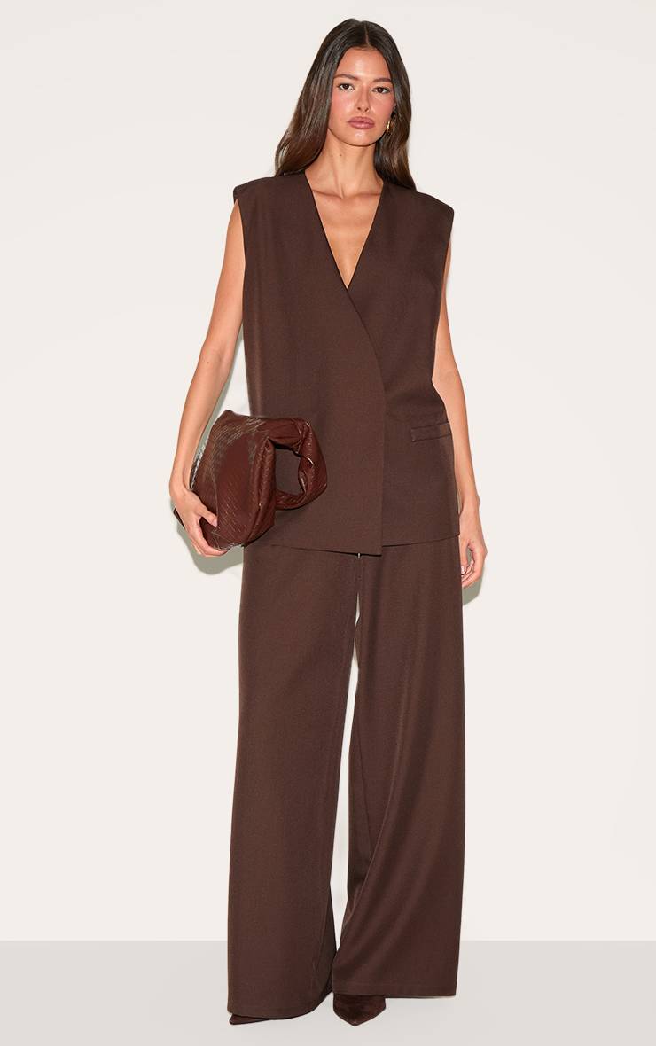 Chocolat Ensemble Coordonné Gilet Sans Col Tissé Surdimensionné À Épaulettes