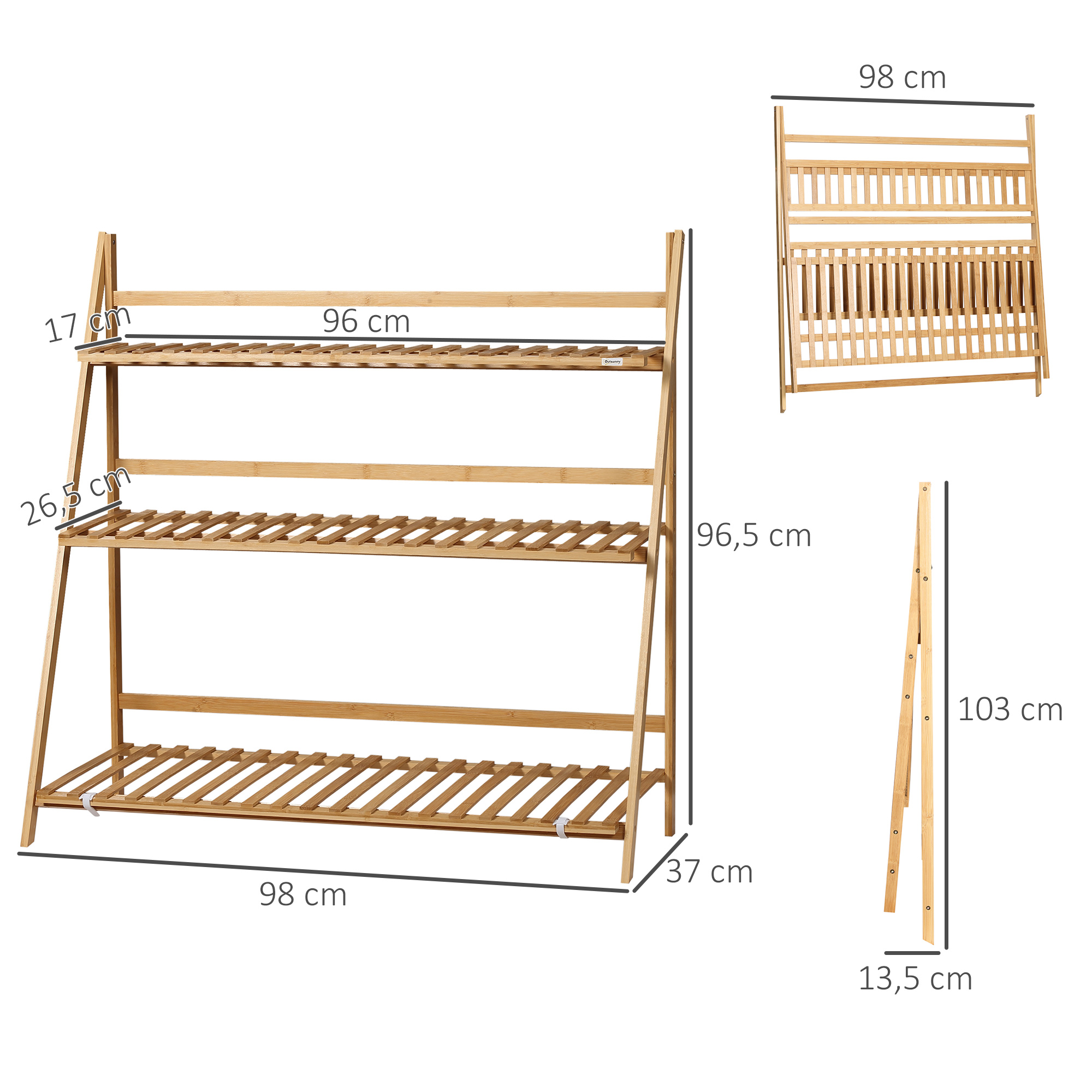 Suporte de bambu para plantas Outsunny com 3 níveis, dobrável, para uso interno e externo, 98 x 37 x 96,5 cm, natural.
