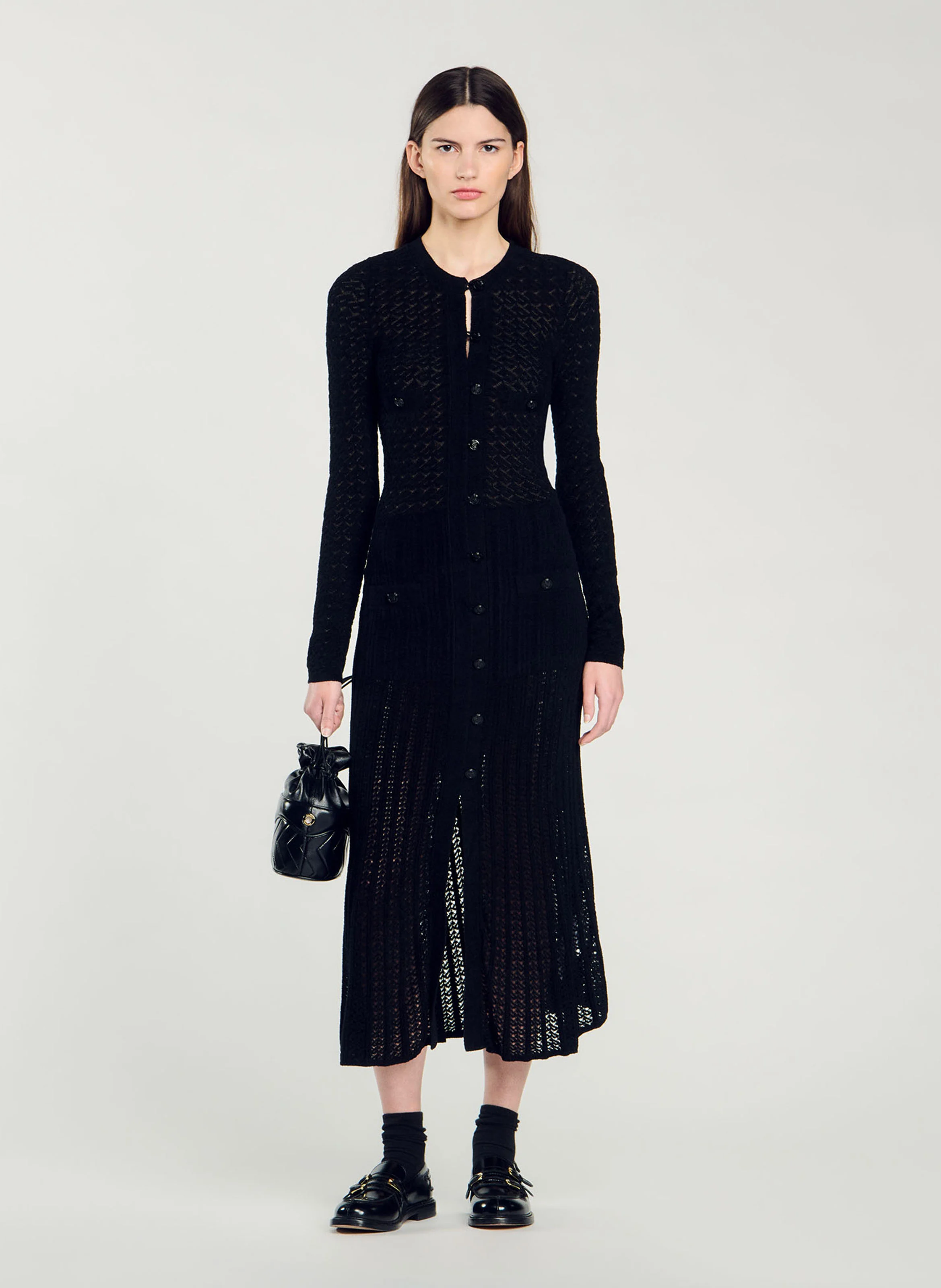 Robe longue en maille effet velours | Noir