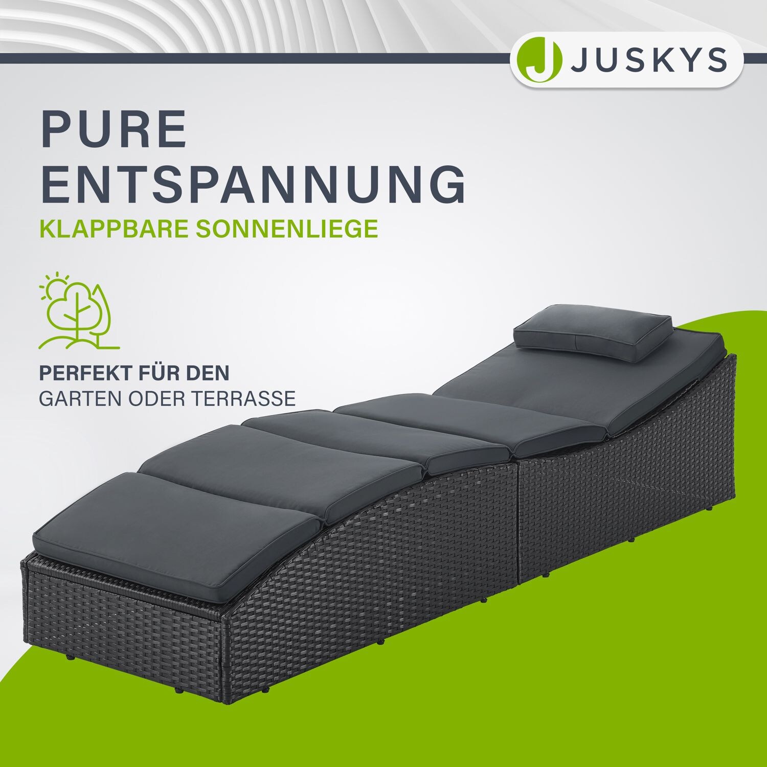 Juskys Sonnenliege Lamia klappbar - Polyrattan Gartenliege mit Auflage - Outdoor Liege Schwarz
