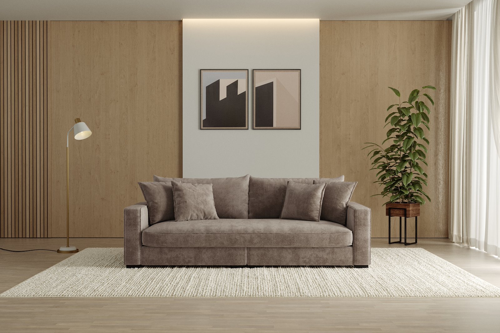 Rossi 3-seter sofa (1 setepute) Tekstil Genesis 6 Mink, arm B med sorte ben. Std. Komfort.
