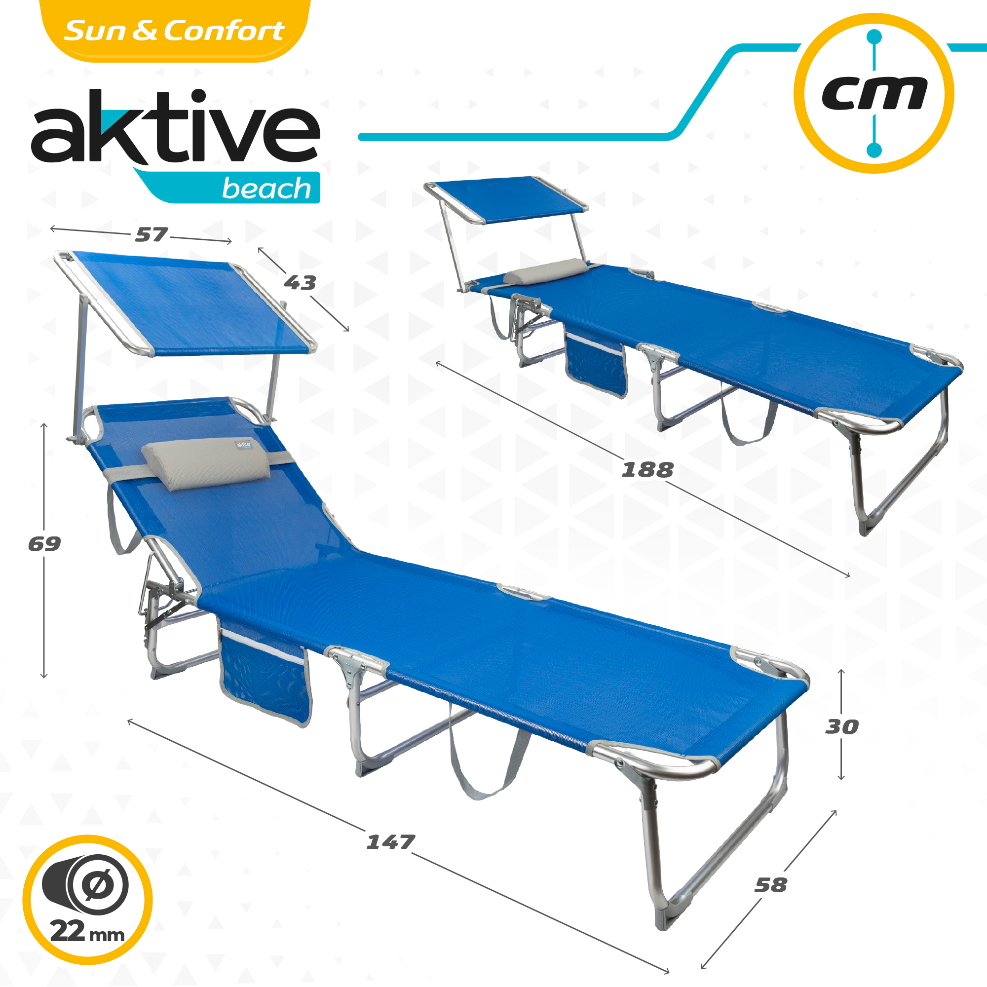 Espreguiçadeira dobrável Aktive Beach com guarda-sol e almofada.