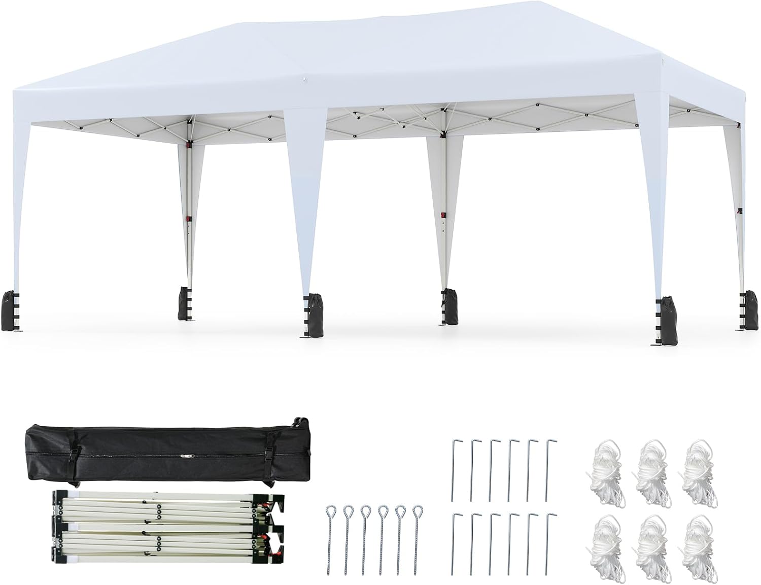 COSTWAY Pavillon 3 x 6 m, Pop up Faltpavillon Wasserdicht mit Tragetasche auf Rollen, UV Schutz 50+ Partyzelt inkl. 6 Sandsäcken, Gartenpavillon Höhenverstellbar für Camping, Party (Weiß)