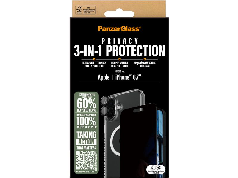 Panzerglass Displayschutz 3-in-1 Privacy iPhone 16 Plus Privacy Set 3-in-1 für das Apple iPhone 16 Plus