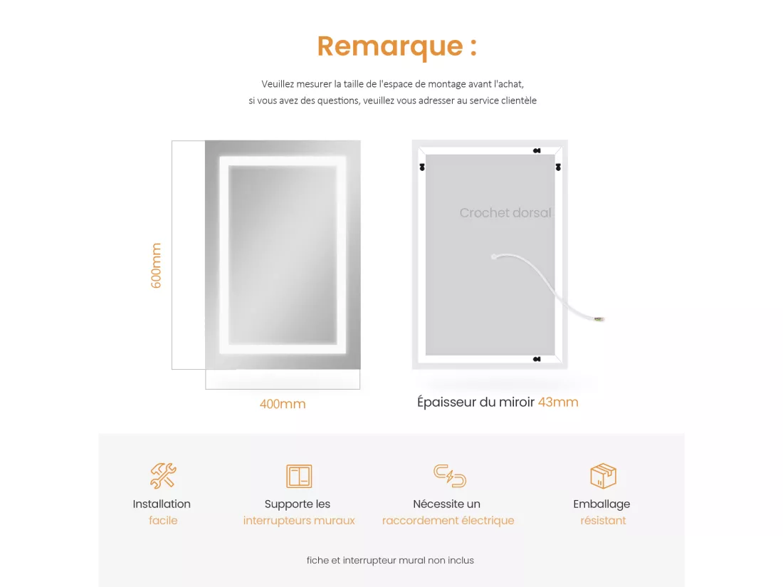 EMKE Miroir lumineux salle de bain 60x45cm, Miroir LED avec Interrupteur à bouton, Anti-buée, Miroir avec éclairage lumière Blanche Froide/Chaude
