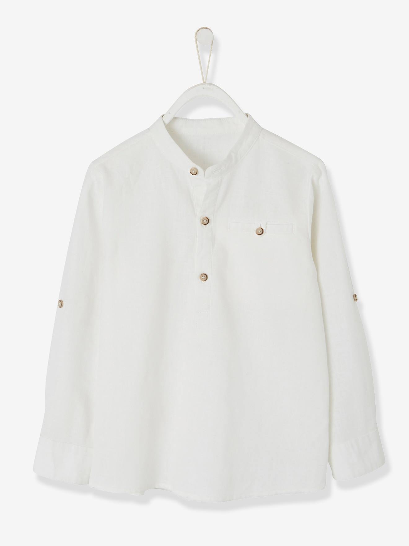 Camisa infantil de linho/algodão com gola mandarim, mangas compridas, cor azul-marinho lisa.