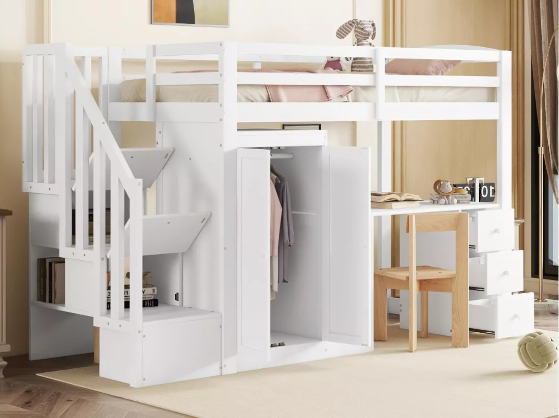 Lit mezzanine 90x200cm en bois - avec armoire、bureau et escalier de rangement - Blanc