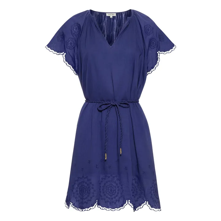 Alma Deia Robe Courte Brodée en Coton Bio | Bleu