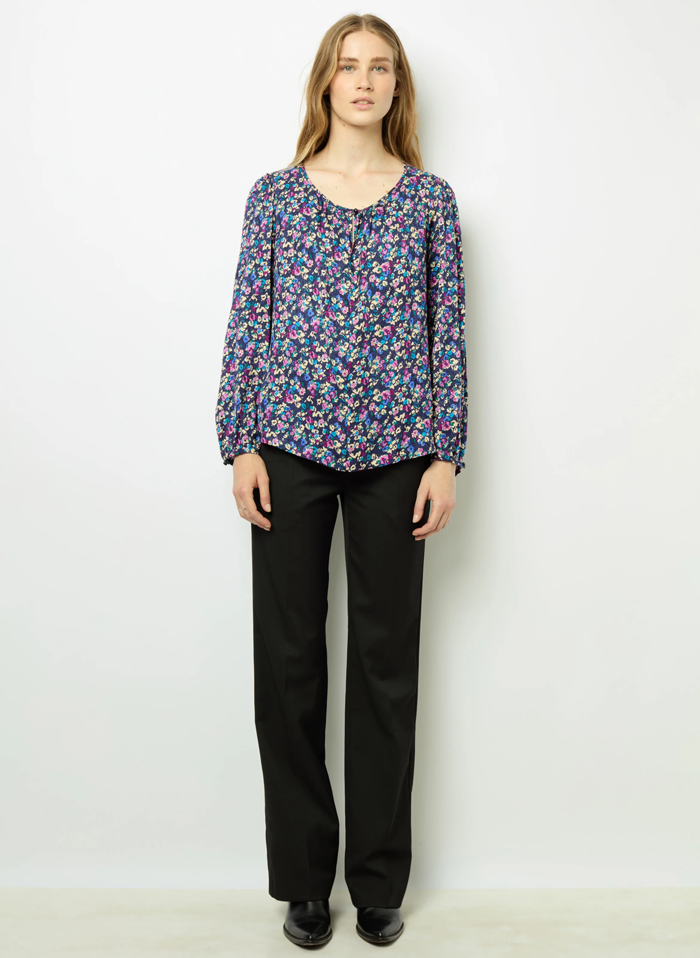 BRITTANIA - Blouse col rond droite imprimée | Bleu
