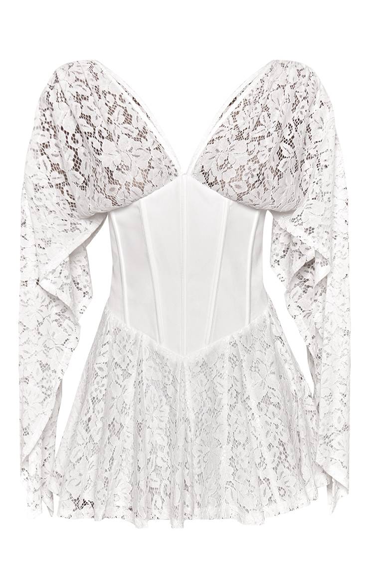 Blanc Robe Mini À Taille Corset En Dentelle Et Manches Drapées
