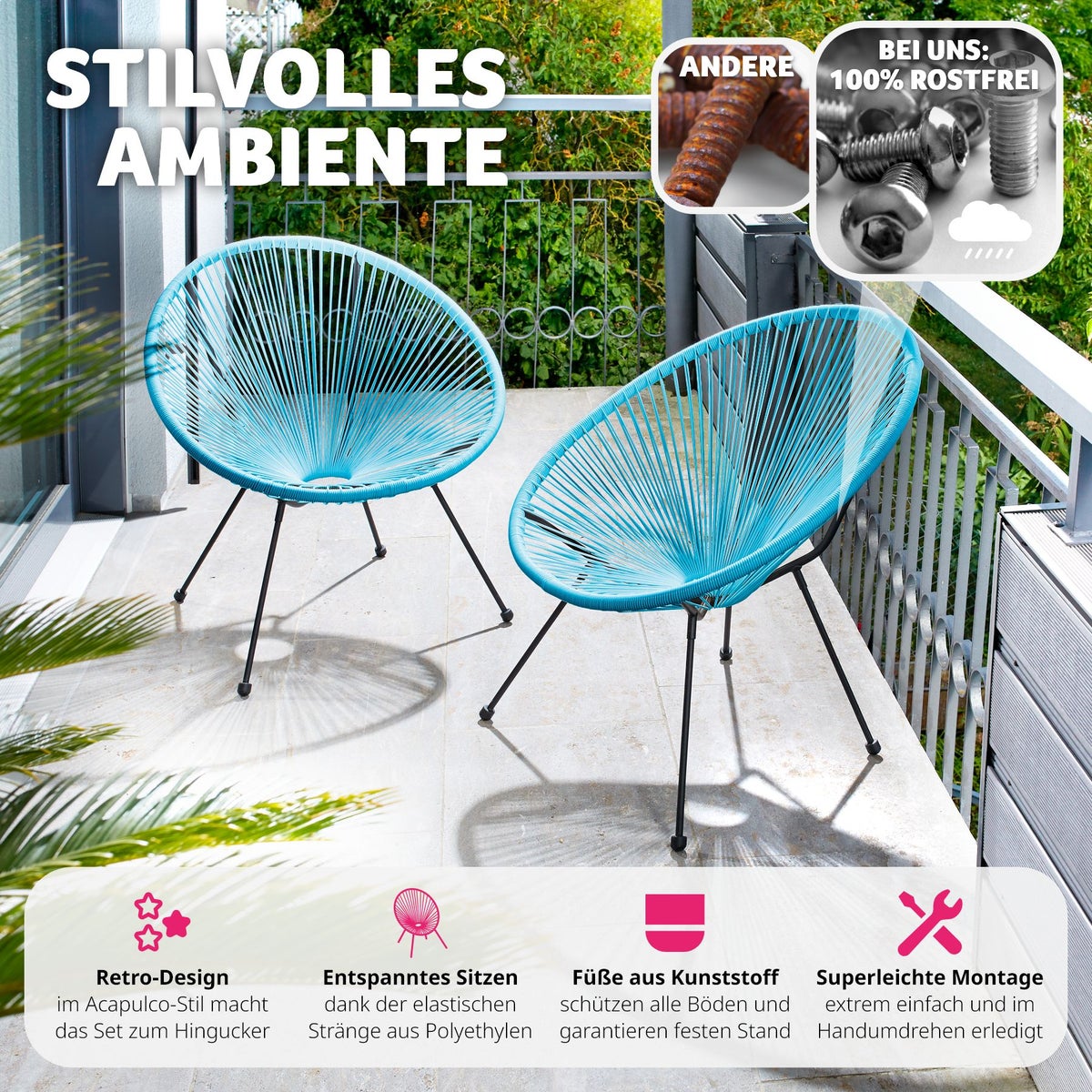 Set van 2 tuinstoelen tectake Santana, retrodesign in Acapulco-stijl, draagvermogen 120 kg, 70,5 x 69 x 78 cm