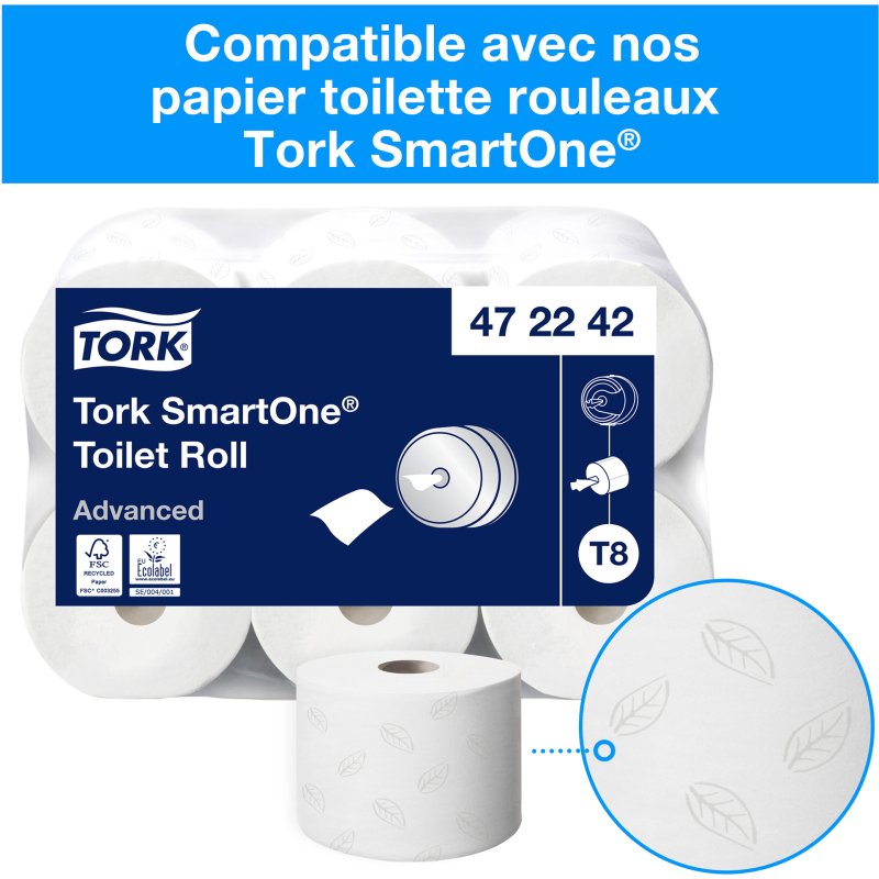 Distributeur papier toilette en rouleau Tork SmartOne®T8 Blanc