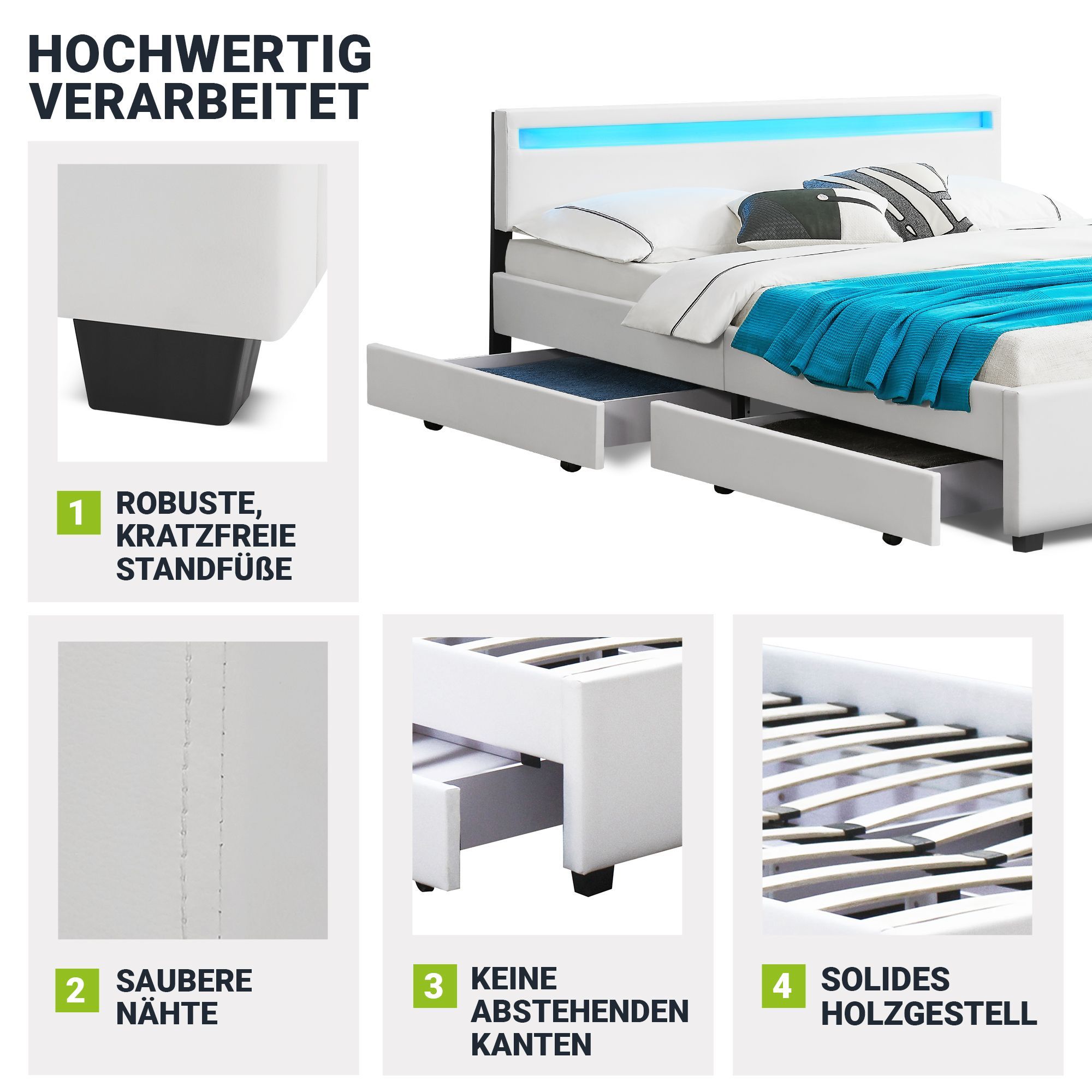 Juskys Polsterbett Lyon 140x200 cm mit Lattenrost, Bettkasten & LED Beleuchtung - weiß