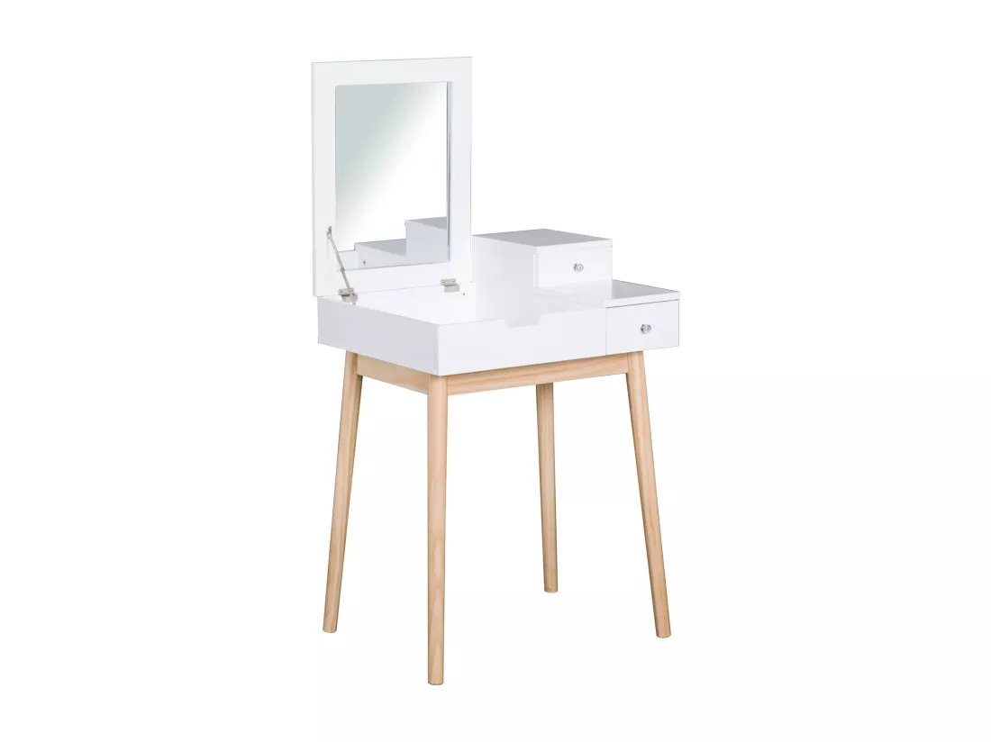 Coiffeuse design scandinave table de maquillage multi-rangements miroir pliable 60L x 50l x 86H cm pin et MDF blanc