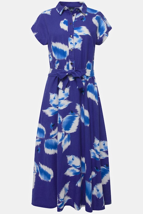 Leinenmix-Kleid, Print, Hemdkragen, Taillengürtel, Halbarm