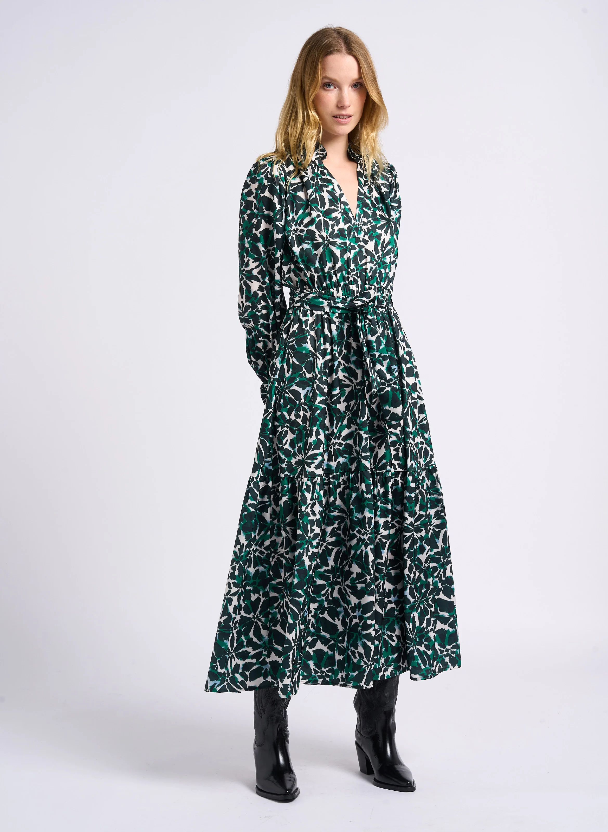 CLELIE - Robe longue col rond imprimée| Vert